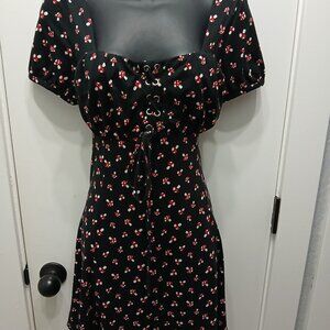 Black Puff-Sleeve Midi Dress with Red Floral Print